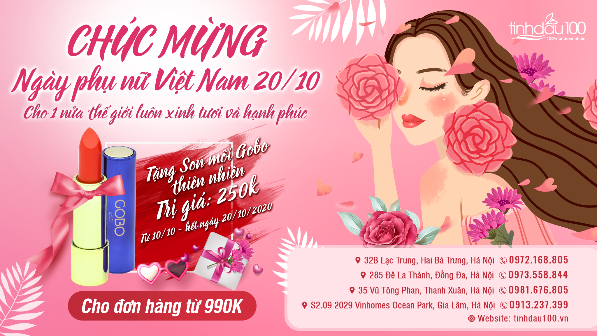 Chúc mừng ngày phụ nữ Việt Nam, Tinh Dầu 100 shop tặng son Gobo, cho 1 nửa thế giới luôn xinh tươi