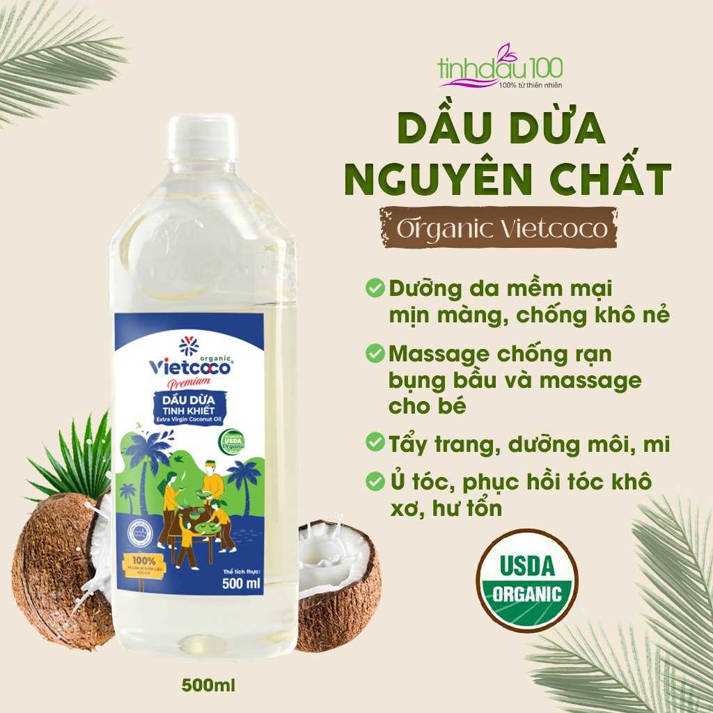 Dầu dừa nguyên chất Organic Vietcoco 500ml