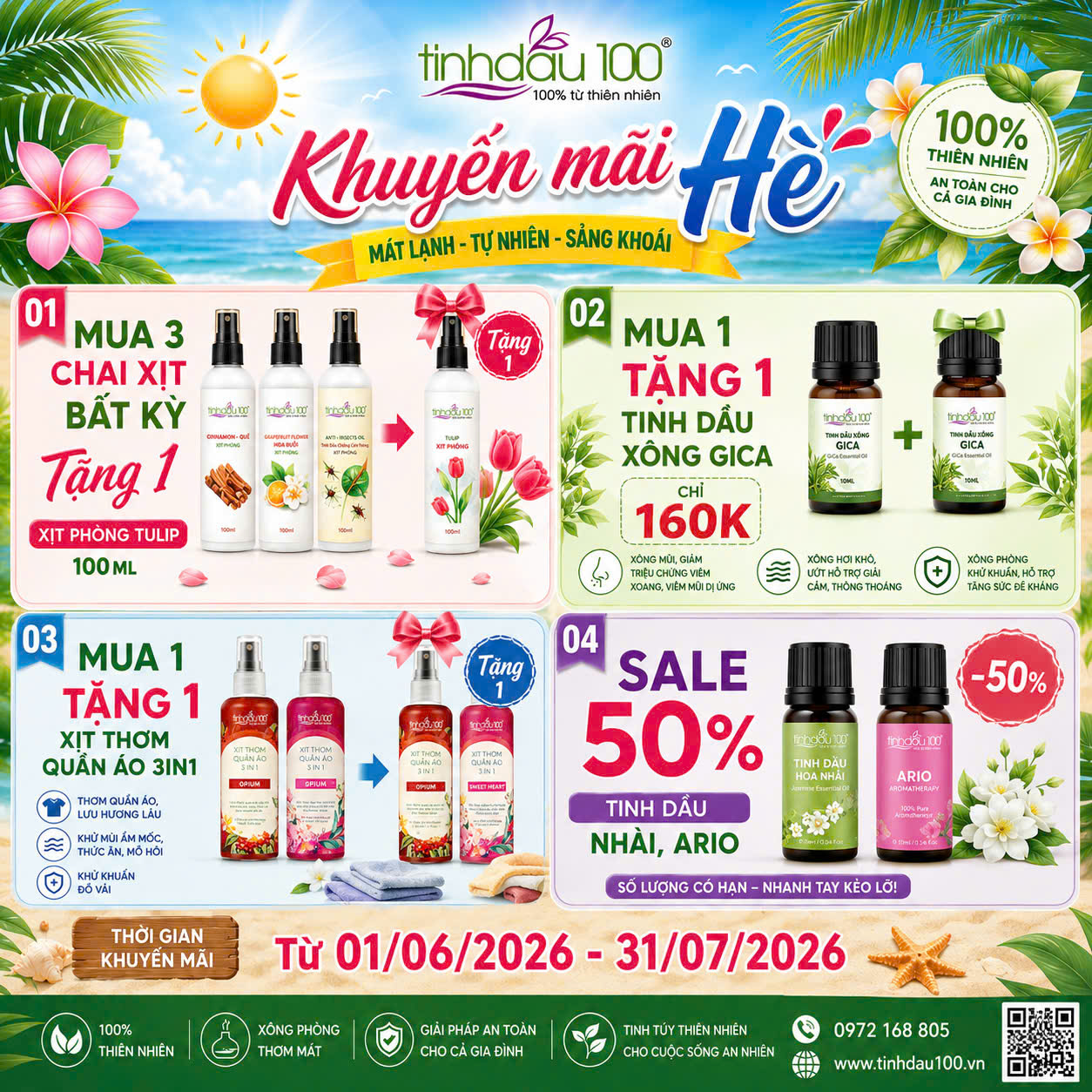 Khuyến Mãi Hè 2026 Tinh Dầu 100: Mua 1 Tặng 1, Sale 50%