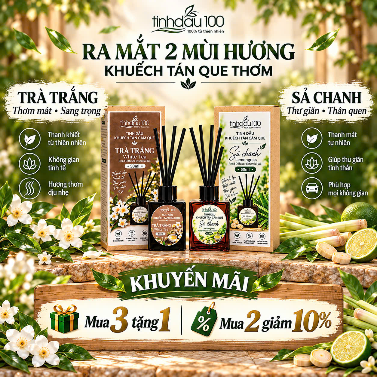 Khuyến mãi Ra mắt 2 mùi hương khuếch tán que thơm Tinh Dầu 100